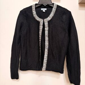 Croft&Barrow 100% Wool Black Cardigan Sweater with Sliver Trim
